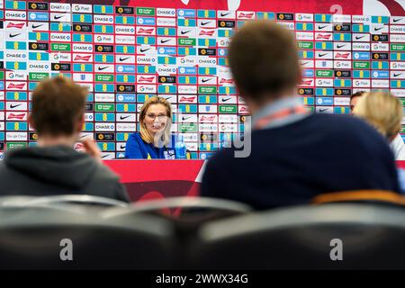 La manager inglese Sarina Wiegman durante una conferenza stampa al St. George's Park, Burton Upon Trent. Data foto: Martedì 26 marzo 2024. Foto Stock