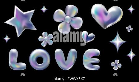 set di adesivi olografici 3d retro y2k. Forma cromata, stella liquida in argento vettoriale, cuore lucido in metallo, acciaio a margherita e adesivo Love. Future Galaxy estetica retrò, grafica 3D Chrome Bubble. Illustrazione Vettoriale