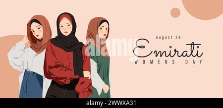 Emirates Women's Day Design with Female with Hijab Vector Illustration. Modello per la giornata delle donne degli Emirati adatto per poster Banner sfondo del volantino. EMIRATI ARABI UNITI W Illustrazione Vettoriale