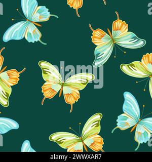 Motivo senza cuciture di eleganti bellissime farfalle tropicali e piante isolate sullo sfondo. Adorabili insetti volanti e foglie per motivi decorativi Illustrazione Vettoriale