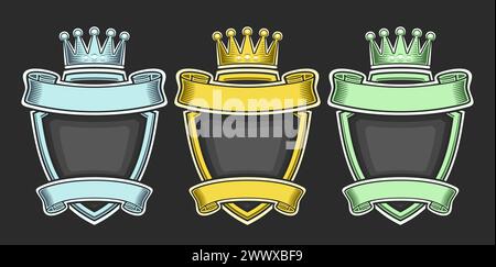 Vector Royal Crests Set, collezione di tre illustrazioni isolate colorate stemmi araldici con copyspace, gruppo di varietà decorativa, segnaletica retrò Illustrazione Vettoriale