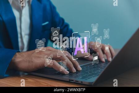 Chatbot di intelligenza artificiale generato DALL'INTELLIGENZA artificiale, gli esseri umani utilizzano la tecnologia di intelligenza artificiale, immettere prompt dei comandi per generare, Business person chattare con un bot de intelligente Foto Stock