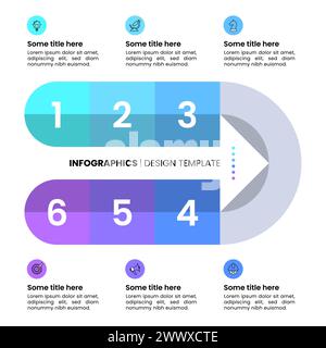 Modello infografico con icone e 6 opzioni o passaggi. Freccia. Può essere utilizzato per il layout del flusso di lavoro, il diagramma, il banner, il webdesign. Illustrazione vettoriale Illustrazione Vettoriale