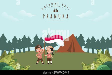 Traduzione: Buon giorno scout 14 agosto giornata del Festival indonesiano. Selamat Hari Pramuka. Illustrazione vettoriale. Ragazzo e ragazza studente festeggiano il giorno del pramuka. Illustrazione Vettoriale