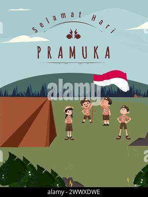 Traduzione: Buon giorno scout 14 agosto giornata del Festival indonesiano. Selamat Hari Pramuka. Illustrazione vettoriale. Ragazzo e ragazza studente festeggiano il giorno del pramuka. Illustrazione Vettoriale