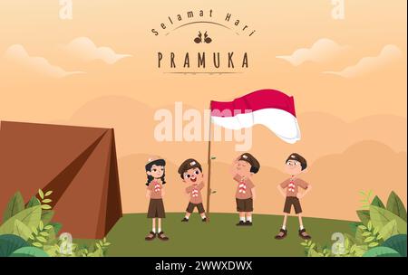 Traduzione: Buon giorno scout 14 agosto giornata del Festival indonesiano. Selamat Hari Pramuka. Illustrazione vettoriale. Ragazzo e ragazza studente festeggiano il giorno del pramuka. Illustrazione Vettoriale