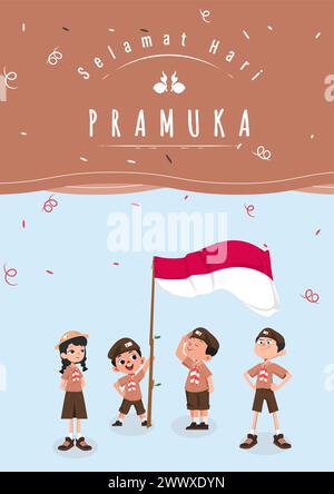Traduzione: Buon giorno scout 14 agosto giornata del Festival indonesiano. Selamat Hari Pramuka. Illustrazione vettoriale. Ragazzo e ragazza studente festeggiano il giorno del pramuka. Illustrazione Vettoriale