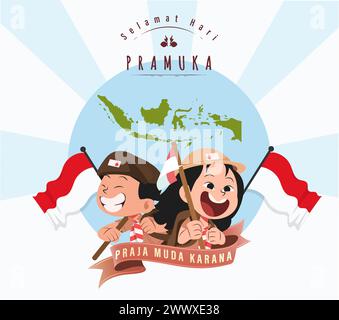 Traduzione: Buon giorno scout 14 agosto giornata del Festival indonesiano. Selamat Hari Pramuka. Illustrazione vettoriale. Ragazzo e ragazza studente festeggiano il giorno del pramuka. Illustrazione Vettoriale