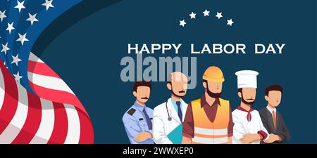 Illustrazione del vettore del giorno del lavoro felice con il carattere del lavoro e la bandiera degli Stati Uniti. Adatto per poster modello, banner, volantini, biglietti d'auguri, ecc. Illustrazione Vettoriale