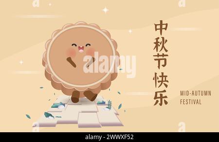 Traduzione : felice Mid Autumn Festival. Poster e banner realistici in 3D per il design di conigli. Illustrazione Vettoriale