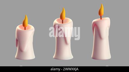 candele realistiche 3d. Rendering dell'icona delle candele bianche isolato su sfondo grigio. Illustrazione vettoriale Illustrazione Vettoriale