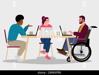 Semplice illustrazione vettoriale piatta di tre persone con sfondi diversi che collaborano mentre lavorano casualmente con un notebook. Cattura l'essenza Illustrazione Vettoriale