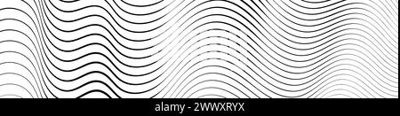 Linee nere ondulate che vanno da sottili a spesse. Onde striate disegnate con inchiostro. Sfondo geometrico astratto con struttura della superficie acquosa monocromatica. Vettore Illustrazione Vettoriale