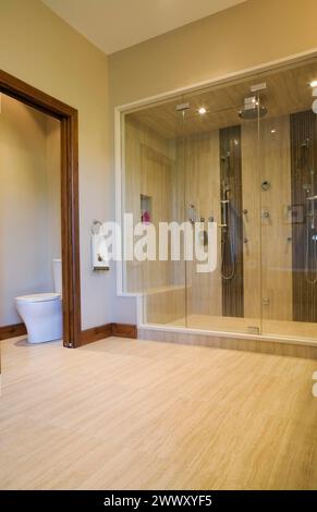 Bagno principale con cabina doccia doppia in vetro a vapore e toilette in estensione all'interno di una lussuosa baita in legno, Quebec, Canada Foto Stock