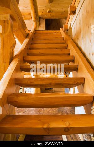 Scale in legno che conducono al piano superiore all'interno di una capanna in legno di cedro rosso artigianale, Quebec, Canada Foto Stock