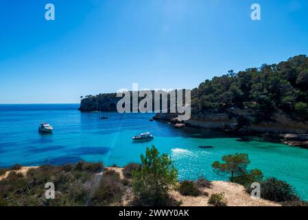 Barche private ancorate nella baia di fronte a Playa El Mago, Cala de Portals Vells, Maiorca, Isole Baleari, Spagna Foto Stock