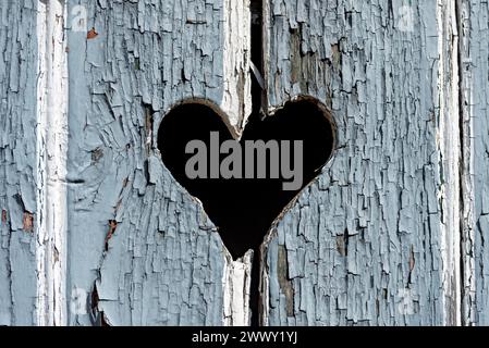 Porta in legno con cuore, porta stalla, lacca di colore chiaro, intemperie, vecchia casa colonica, idilliaco, romantico, Nidda, Vogelsberg, Wetterau, Assia, Germania Foto Stock