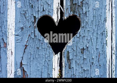 Porta in legno con cuore, porta stalla, lacca di colore chiaro, intemperie, vecchia casa colonica, idilliaco, romantico, Nidda, Vogelsberg, Wetterau, Assia, Germania Foto Stock