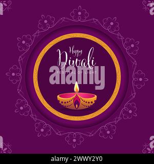 Poster happy Diwali con lampada Diya e illustrazione del vettore pavone. Festival indiano di luci e design. Adatto per biglietti d'auguri, striscioni, volantini, modelli Illustrazione Vettoriale