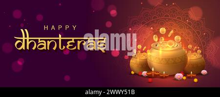 Illustrazione del vettore di Happy Dhanteras poster Design. Illustrazione della moneta d'oro in vaso. Adatto per biglietti d'auguri, banner, opuscolo, modello. Illustrazione Vettoriale