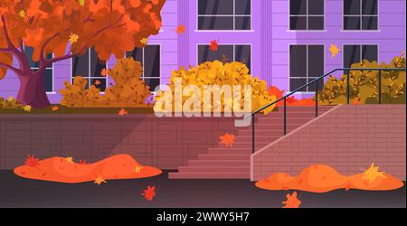 Città autunnale con foglie che cadono. Vista panoramica all'aperto di Fall Street. Gli edifici con facciata della città non svuotano la strada urbana. Foto Stock