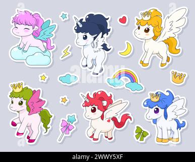 Pacchetto di adesivi cartoni animati con unicorno e pony. Illustrazione Vettoriale