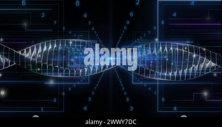 Immagine del filamento di dna su una rete di connessioni con punti luminosi. Concetto di scienza, ricerca, connessioni, informatica ed elaborazione dei dati a livello globale Foto Stock