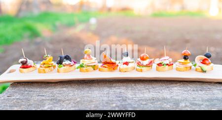 Finger food, vari canapè con verdure, prosciutto, pancetta, formaggio e olive su tavola di legno. Foto Stock