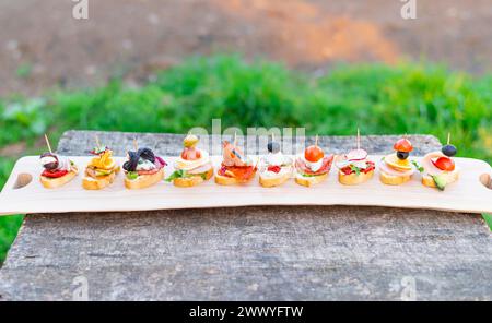 Finger food, vari canapè con verdure, prosciutto, pancetta, formaggio e olive su tavola di legno. Foto Stock