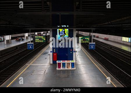 Bruxelles, Belgio, 15 marzo 2024 - la piattaforma coperta della stazione di Bruxelles Lussemburgo Foto Stock