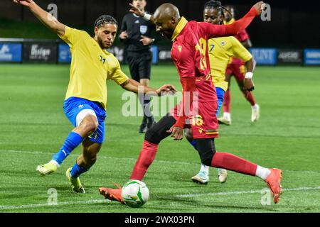 CHAMBLY, FRANCIA - MARZO 25; Jeremy Oyono del Gabon e Mons Bassoumina del Congo durante la partita amichevole internazionale FIFA tra Gabon e Congo a. Foto Stock