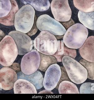 Ciottoli di acquerello. Illustrazione rocce subacquee in tonalità viola, ornamenti sottomarini per carta da parati, stampa, sfondi. Colorate opere d'arte in ghiaia Foto Stock