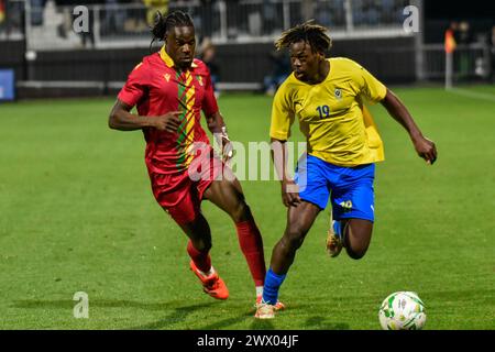 CHAMBLY, FRANCIA - MARZO 25; Jacques Ekomie del Gabon e Gaus Makouta del Congo durante la partita amichevole internazionale FIFA tra Gabon e Congo a Foto Stock