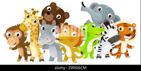 Scena di uno zoo animato con animali dello zoo e amici insieme nel parco divertimenti su sfondo bianco con spazio per illustrazioni testuali per i bambini Foto Stock