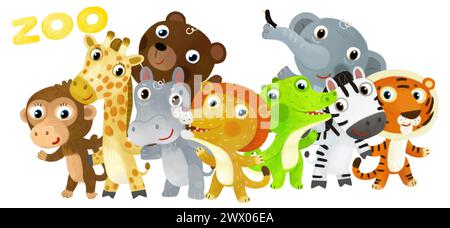 Scena di uno zoo animato con animali dello zoo e amici insieme nel parco divertimenti su sfondo bianco con spazio per illustrazioni testuali per i bambini Foto Stock