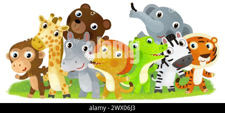 Scena di uno zoo animato con animali dello zoo e amici insieme nel parco divertimenti su sfondo bianco con spazio per illustrazioni testuali per i bambini Foto Stock