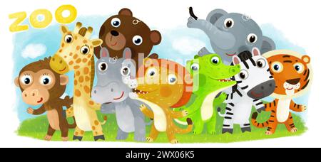 Scena di uno zoo animato con animali dello zoo e amici insieme nel parco divertimenti su sfondo bianco con spazio per illustrazioni testuali per i bambini Foto Stock