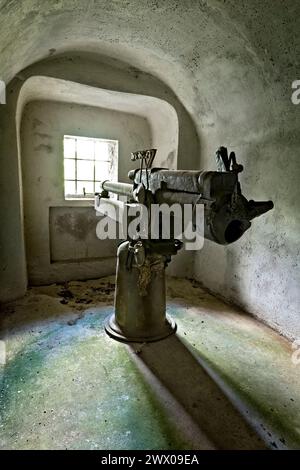 Fort Coldarco: Cannone da 75A su monte all'interno di un casemate. Enego, Veneto, Italia. Foto Stock