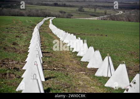 REGIONE ZAPORIZHZHIA, UCRAINA - 24 MARZO 2024 - file di traino di ostacoli piramidali anticarro in cemento armato, noti anche come denti del drago, sono considerati appaltatori, in collaborazione con i militari, costruire rifugi all'avanguardia per il personale che li proteggerà dal fuoco dell'artiglieria e persino dai droni FPV, regione di Zaporizhzhia, Ucraina sud-orientale Foto Stock