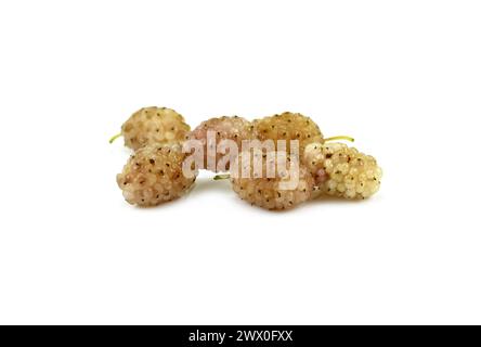 Un mucchio di frutti di bosco bianchi maturi freschi con foglie isolate su sfondo bianco. Elemento di progettazione per etichetta prodotto, stampa catalogo, uso Web. Foto Stock