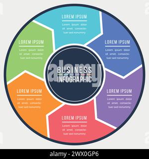 Progettazione infografica circolare 6 passaggi, oggetti, opzioni o elementi informazioni aziendali colorate Illustrazione Vettoriale