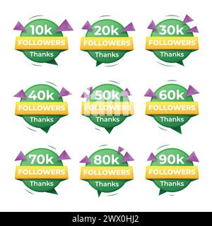 Set di badge di ringraziamento per i follower con tema di colore verde e giallo. 10k, 50k, 100k, 500k, 1M, 2M, 5M, 10M, 15M FOLLOWER. Messaggio di saluto vettoriale Illustrazione Vettoriale