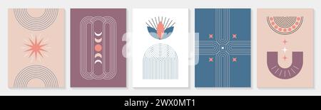 Set di moderni poster zen minimalisti. Sfondi con forme geometriche lineari, figure semplici in colori pastello. Decorazioni in stile boho con elementi estetici contemporanei in stile bohémien alla moda. Illustrazione Vettoriale