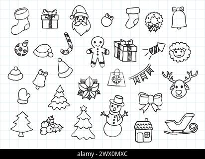 Collezione artistica di set natalizi disegnati a mano. Schizzo penna isolato e reale, illustrazione vettoriale Illustrazione Vettoriale