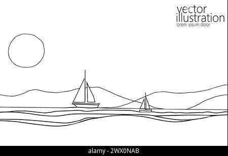 Icona di una barca a mare a linea continua. Yacht Travel turismo concetto silhouette simbolo design. Un'illustrazione vettoriale del disegno del contorno dello schizzo Illustrazione Vettoriale