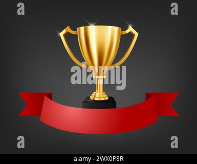 Trofeo d'oro realistico con spazio testo sul nastro rosso, illustrazione vettoriale Illustrazione Vettoriale