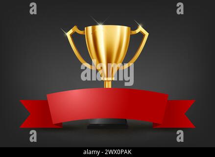 Trofeo d'oro realistico con spazio testo sul nastro rosso, illustrazione vettoriale Illustrazione Vettoriale