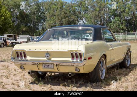 Vista posteriore di una Ford Mustang coupé bianca degli anni '1970. Foto Stock