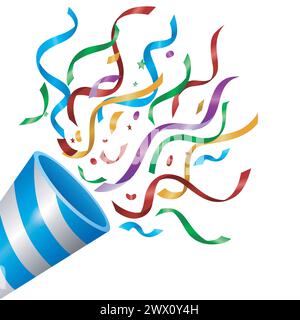 Popper esplosivo con coloratissimi Confetti isolati, adatto per feste di compleanno, feste di anniversario e altre celebrazioni, illustrazioni vettoriali Illustrazione Vettoriale