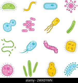 Le icone piatte di batteri e organismi microscopici di verus impostano l'illustrazione vettoriale isolata Illustrazione Vettoriale